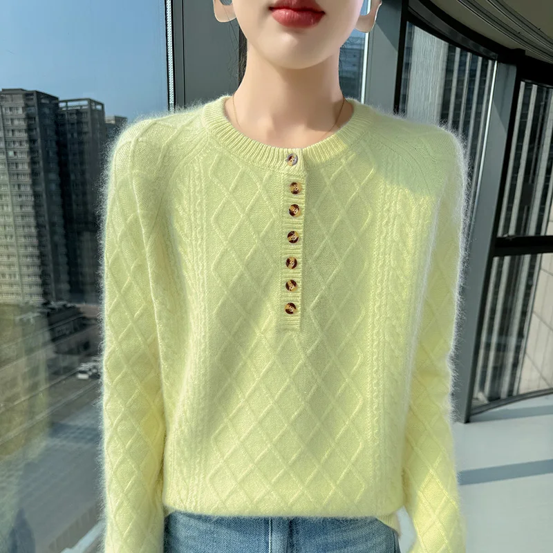 

Women's 100% Pure Mink Cashmere Sweater Autumn and Winter Round Neck Loose Pullover Fashion Diamond Lattice Long Sleeve Tops2025