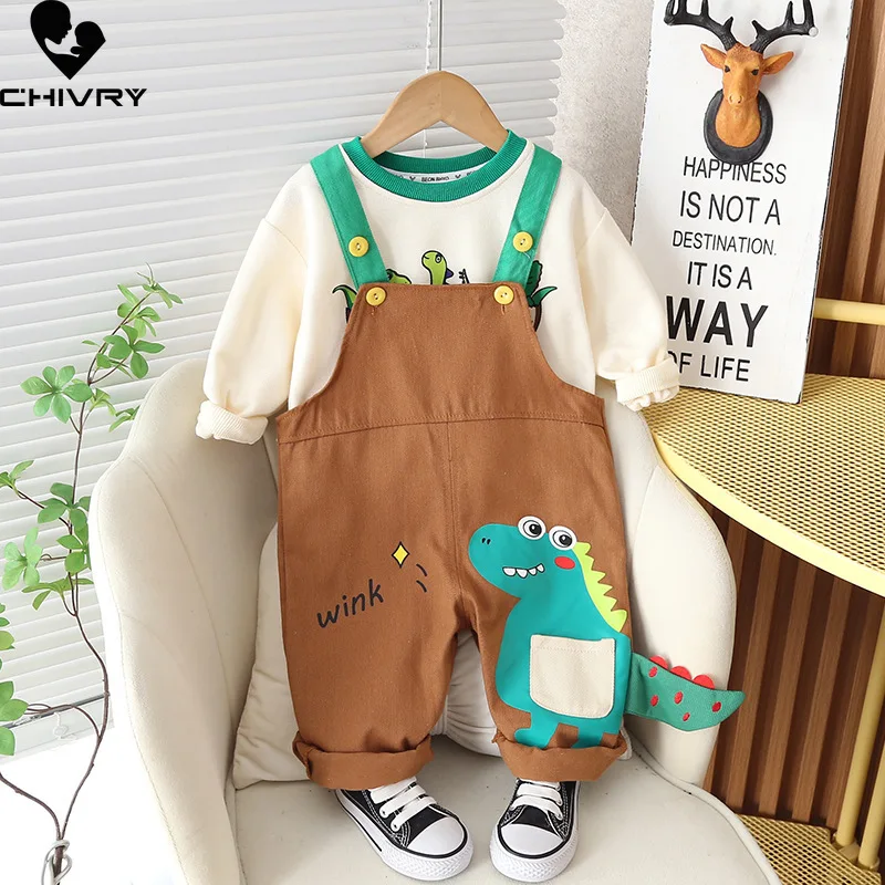 New 2023 Autumn Baby Boys Cute Cartoon Dinosaur Rompers Overalls with Round Neck Long Sleeve Sweatshirt Kids Clothing Sets