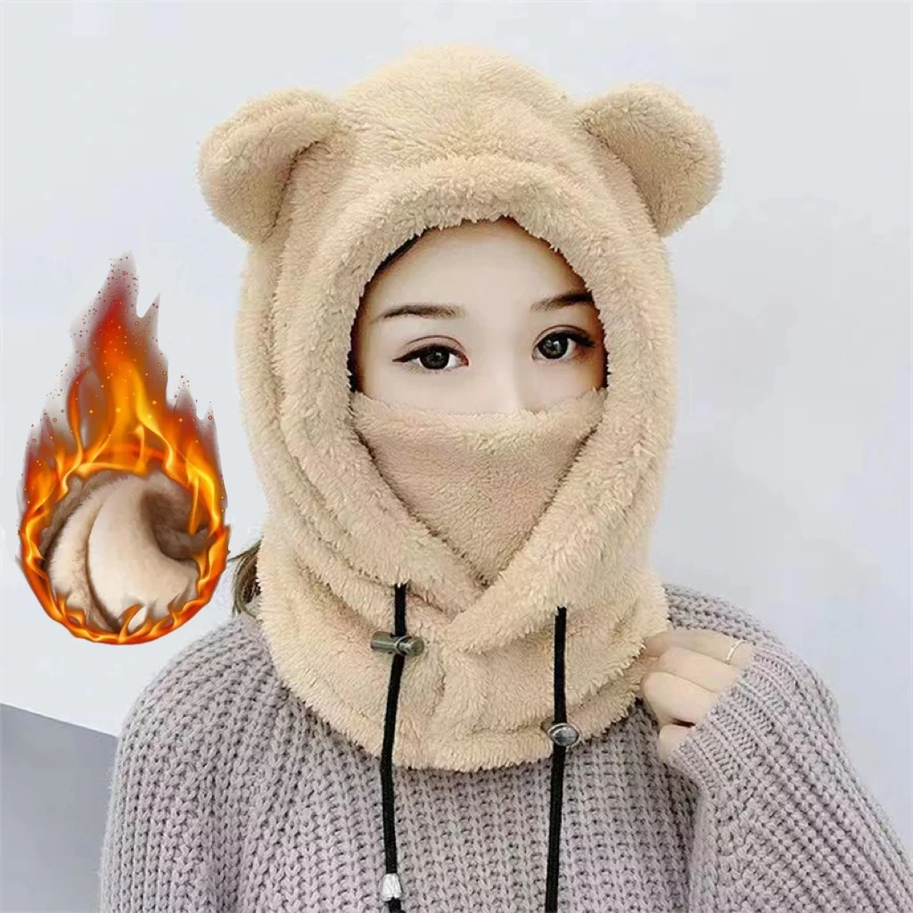 Winter Cute Cartoon Plush Bear Ears Children\'s Hat Balaclava Warm Hooded Hat Ear Protection Cap Windproof Thick Warm Neck Cover