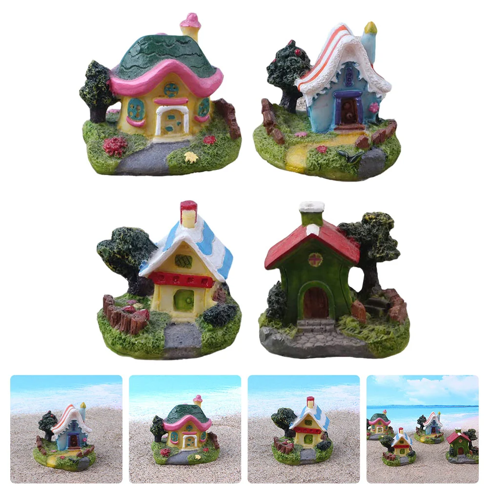 4 Pcs Fairy Tale Cottage Resin Miniature Houses Hut Gardening Decorations Dollhouse Miniatures Decors Shape Micro Landscape