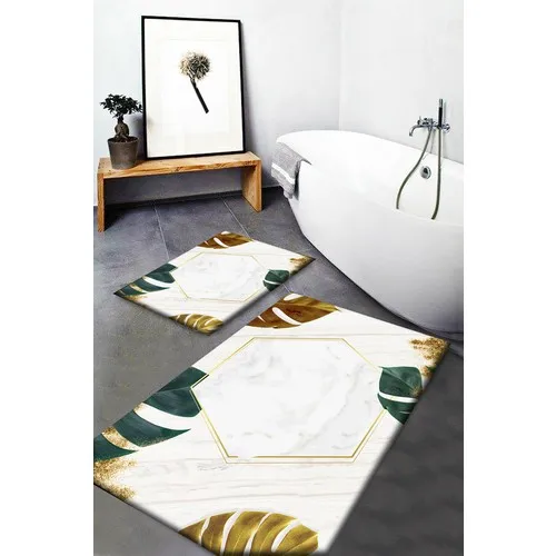 Else Carpet Else Green Yellow Leaf Pattern Washable Anti-Slip Soles 2li Bath Mat Doormat Toilet Seat Pad