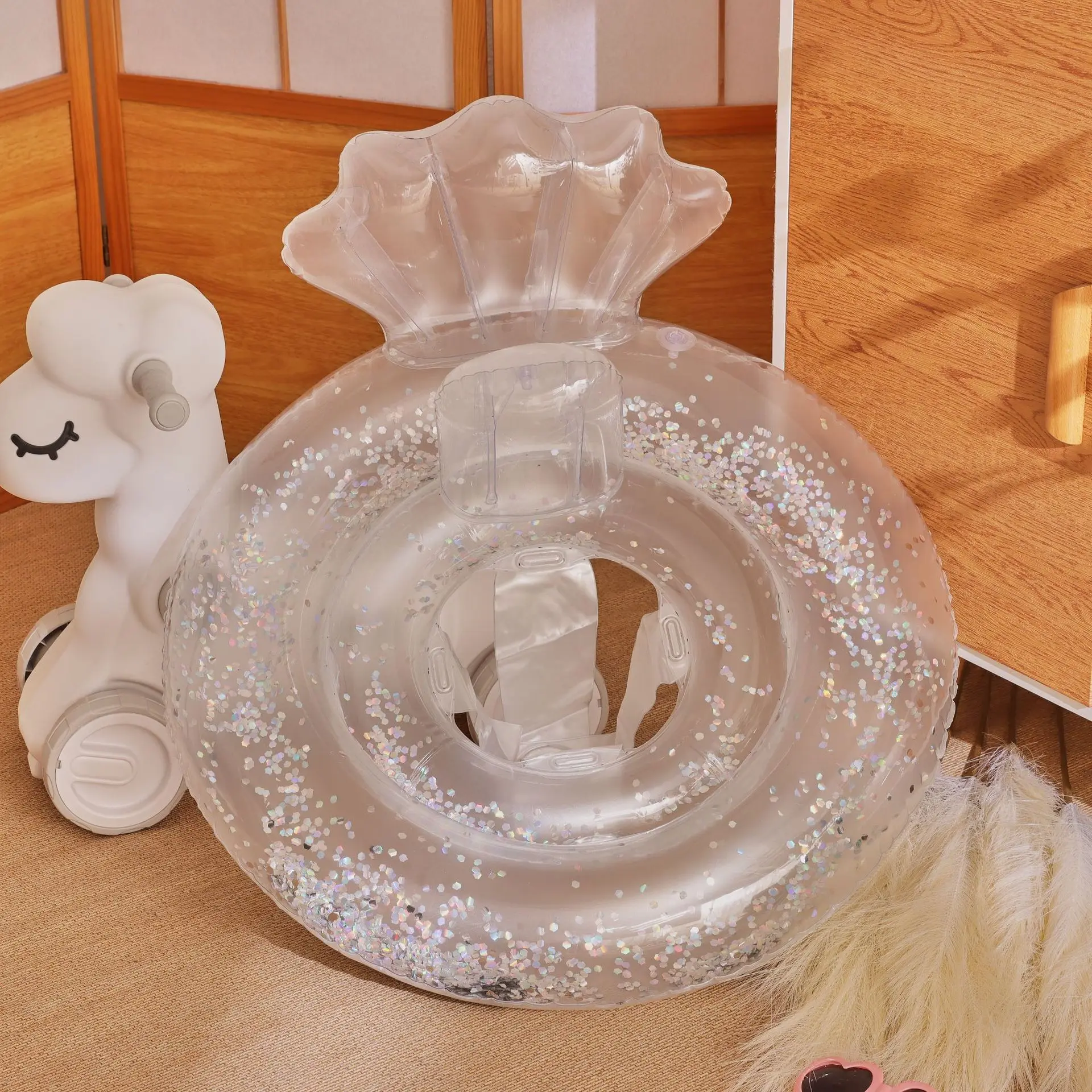 

New Clear Giltter Swim Seat Shell Mermaid With Backrest Pool Inflatable Swimming Ring Pool Floating Beach Party Toys