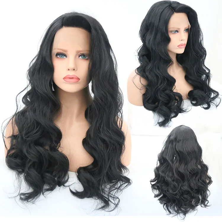 #1 Dark Black Color Natural Hairline Glueless 13x4 Lace Front Synthetic Hair Wigs for Women Long Transparent Body Wave Wigs