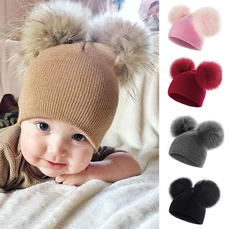 Gorro con pompón doble para bebé, gorro de punto de Color sólido para niño y niña, gorro para niño pequeño, accesorios cálidos a prueba de viento