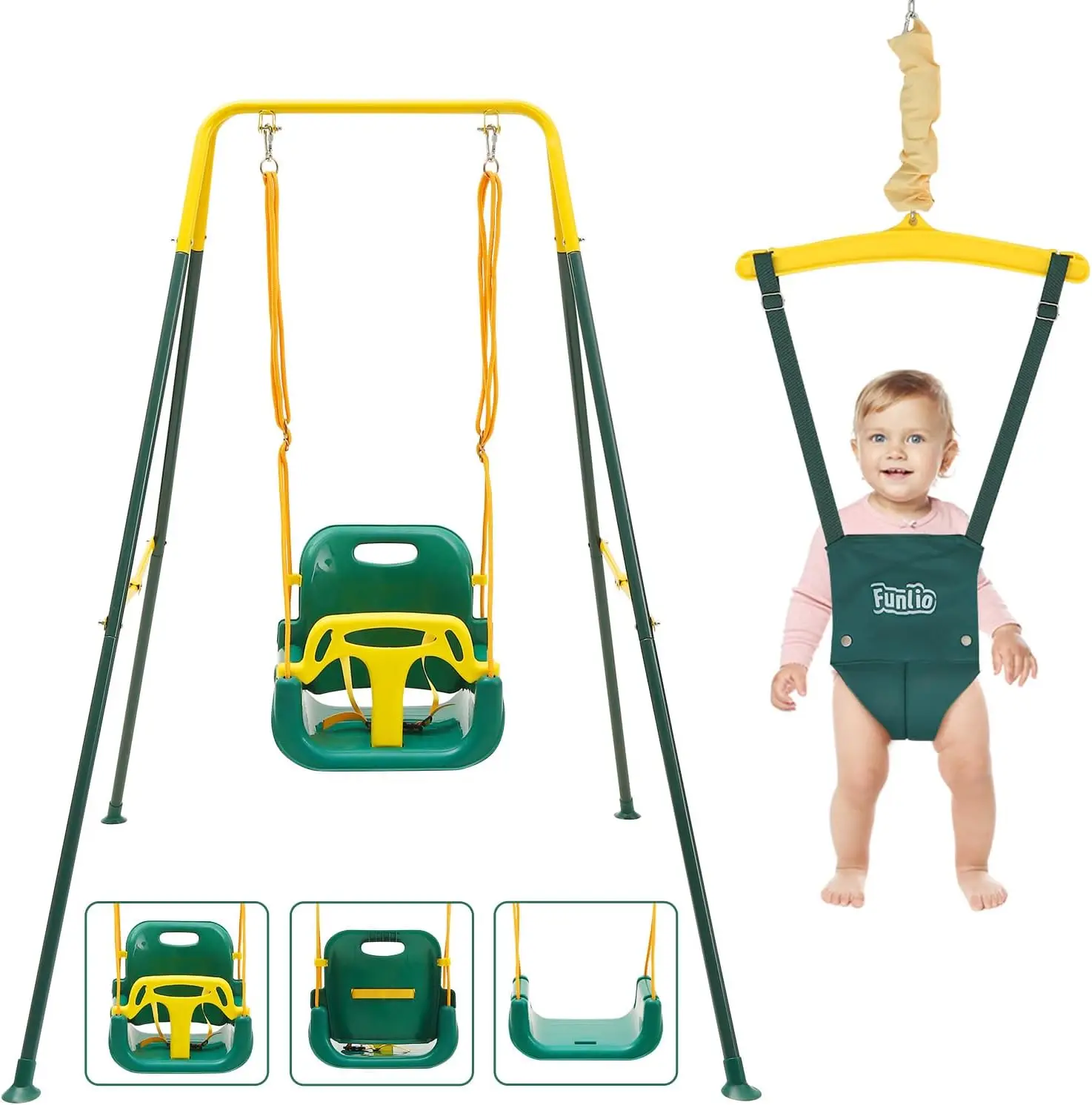 2 in 1 Swing Set for Toddler & Baby Jumper, Heavy Duty Kids Swing & Bouncer with 4 Sandbags, Foldable Metal Stand for Ind