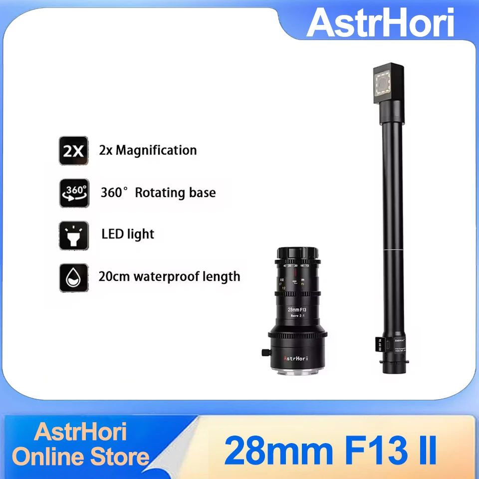 

AstrHori 28mm F13 II 2X Macro Probe Lens 90° periprobe and 360° Rotating base for Sony E Canon EF(DSLR) Canon RF Nikon Z