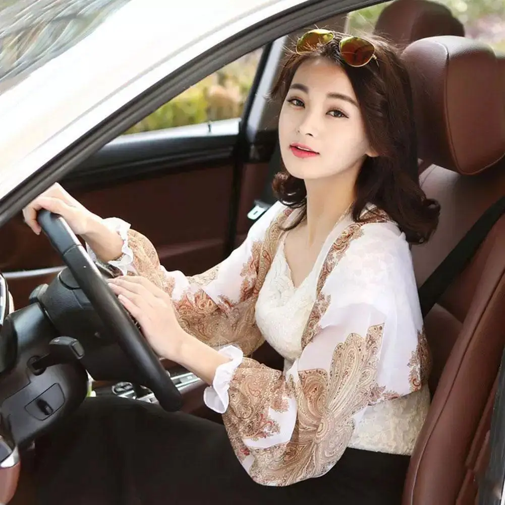 Printed Sun Protection Shawl For Women's Summer Outdoor Cycling Outerwear Oversleeves UV Resistant Chiffon Sun Protection Shawl