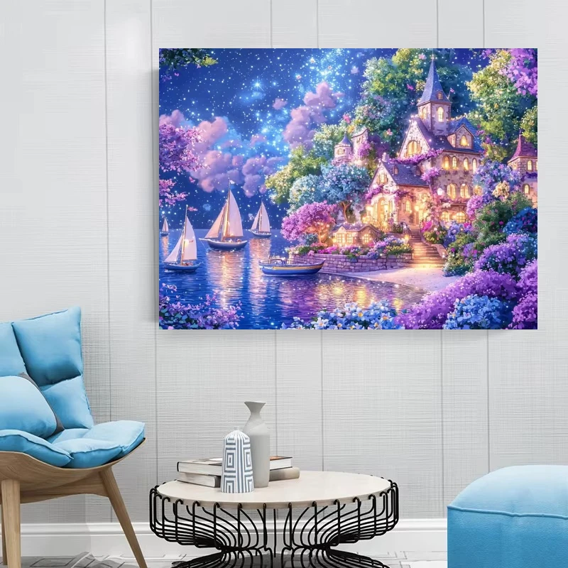 Dreamy Purple Coastal Town Scenery Oil Painting By Number DIY Home Decor Modern Wall Decor for Living Room Bedroom Perfect Gift