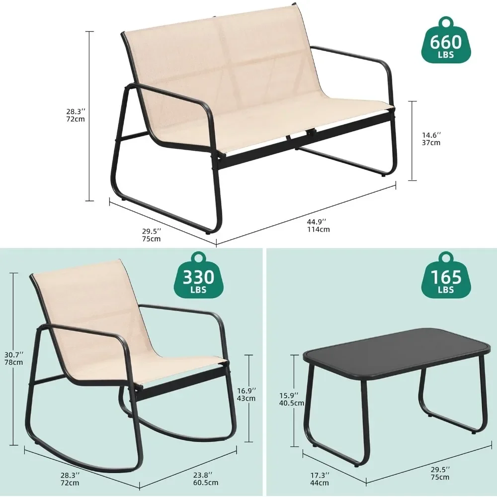 Ensemble de chaises à bascule de bistrot, causeuse et table en verre, ensemble de conversation extérieure en textilène pour pelouse et jardin, 4 pièces