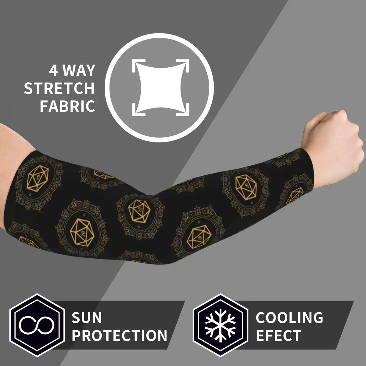 Polyhedral D20 Dice Monogram Bronze Tabletop RPG Arm Sleeves Men Women Sun UV Protection Tattoo Cover Up Sports Cooling Cycling