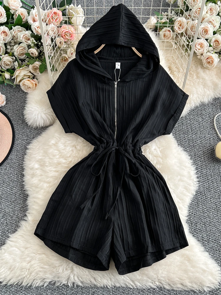 

Female Ins Casual Wide-legged Jumpsuit Summer Korean Version Hooded Drawstring Waisted Unique Niche Design Fashion Shorts