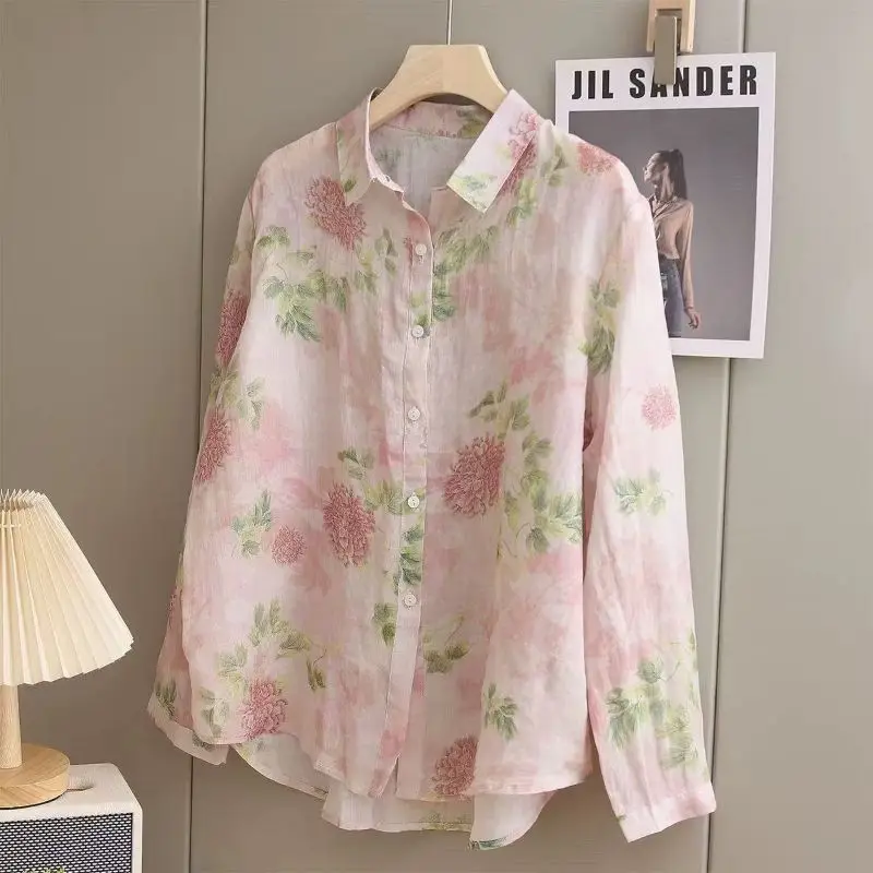 Soft Elegant Vintage Floral Long Sleeve Blouse Lapel Collar Button‑Up Shirt Pink Peony Flower Print Loose Casual Holiday Top Y2K
