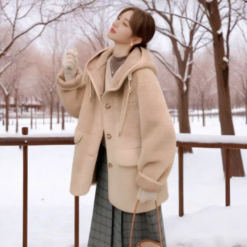 

Khaki Hooded One-Piece Fur Coat for Women Elegant High-End Winter College-Style Loose Casual Outerwear