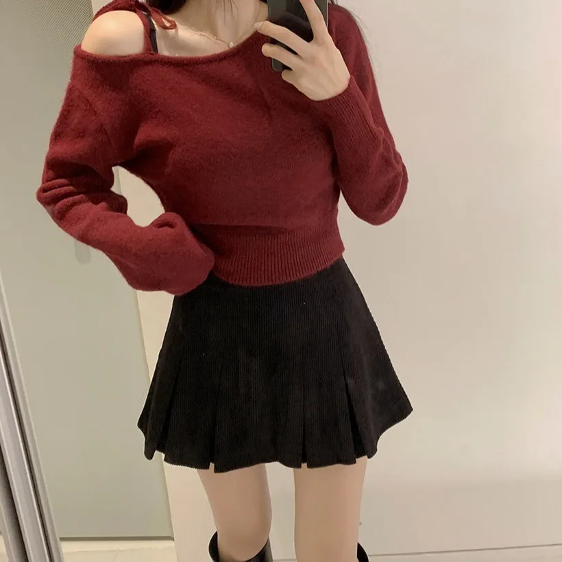 Korean Style Diagonal Shoulder Knitted Top Single Strap Shoulder Bared Slim Short Waist Cinching Long Sleeve Base Layer Shirt