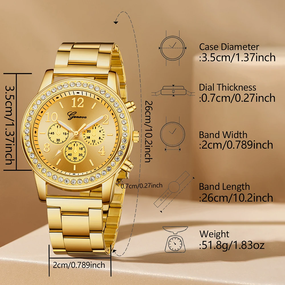 5PCS Gold Women\'s Luxury Alloy Watch Simulation Women\'s Quartz Watch Fashion Bracelet Watch Set Women\'s Perfect Gift