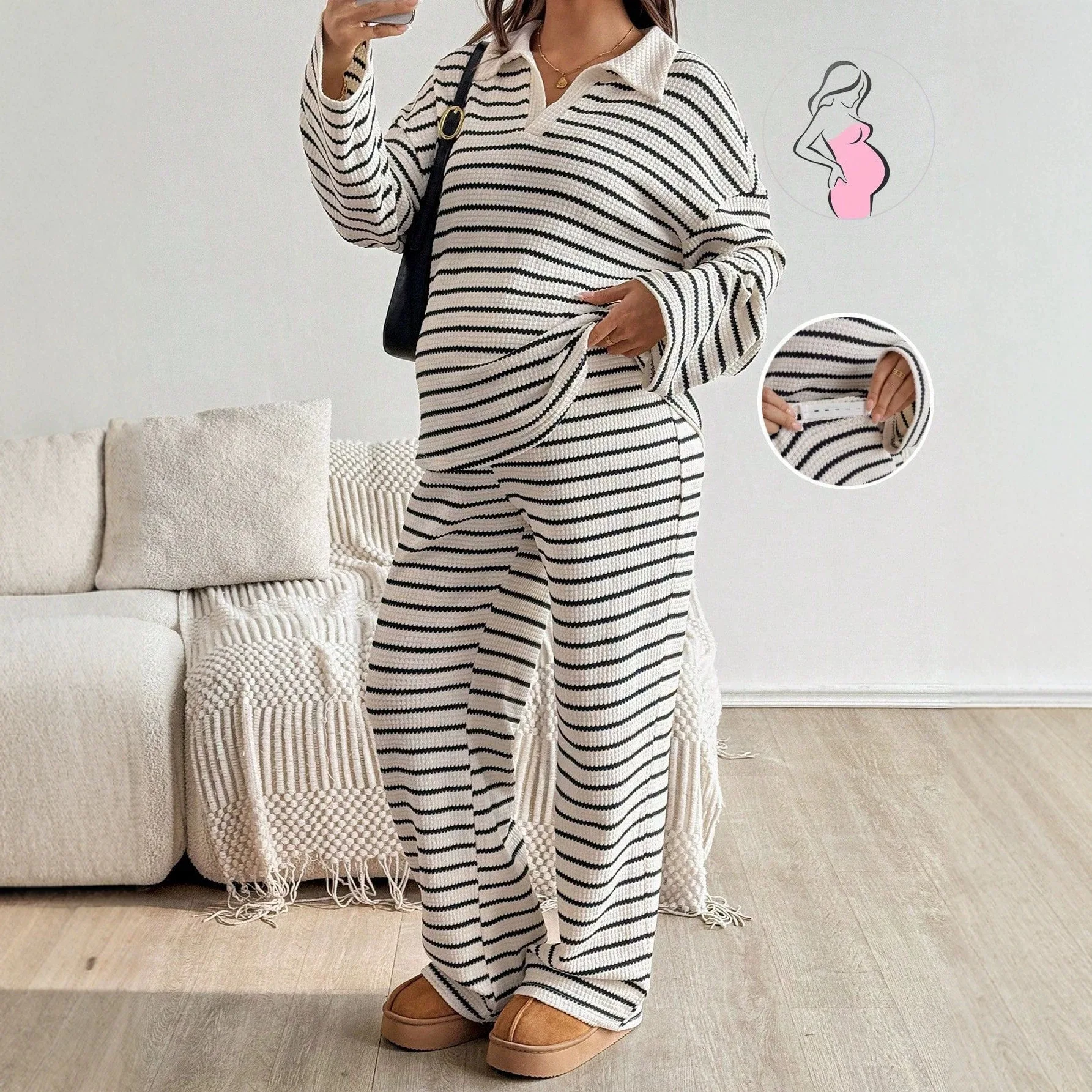 妊婦用ツーピースセット-マタニティストライプワッフルニットラペルtシャツ＋ゆったりパンツ-秋冬妊婦服