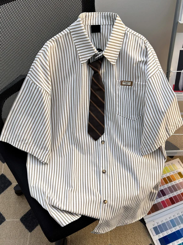 

Ретро-японская полосатая мужская рубашка с коротким рукавом, летняя модная рубашка в студенческом стиле, свободный повседневный топ для пар, рубашка-куртка