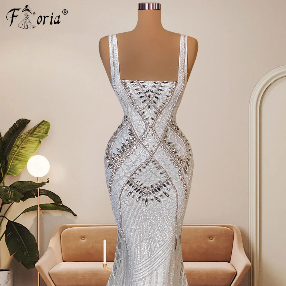 Gorgeous Pearl Crystal Beaded Mermaid Evening Dress White Spagheti Strap Wedding Party Gowns Celebrity Dresses vestidos de noche