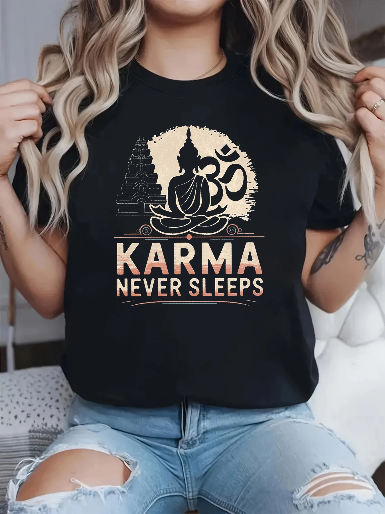 

Women's Short Sleeve T-shirt KARMA NEVER SLEEPS Letter Print Crew Neck Casual Top For Summer & Spring
