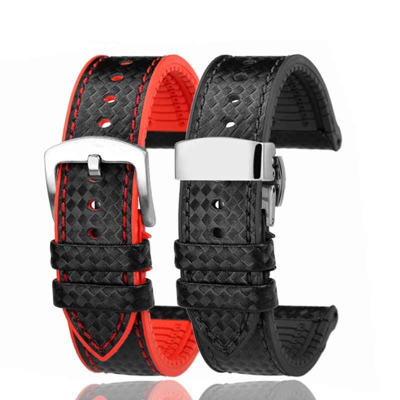 Pulseira de borracha impermeável para homens, Panerai PAM111 441 Breitling Watch Band, Carbon Fiber Pattern, Cow Leather, Accessories, 22mm, 24mm