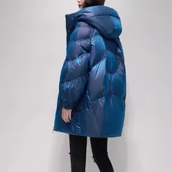Blue Oversized Down Jacket For women 2025 Winter New Korean version Glossy Loose Down Coat Lady Thicken Warm Long Puffer Outwear