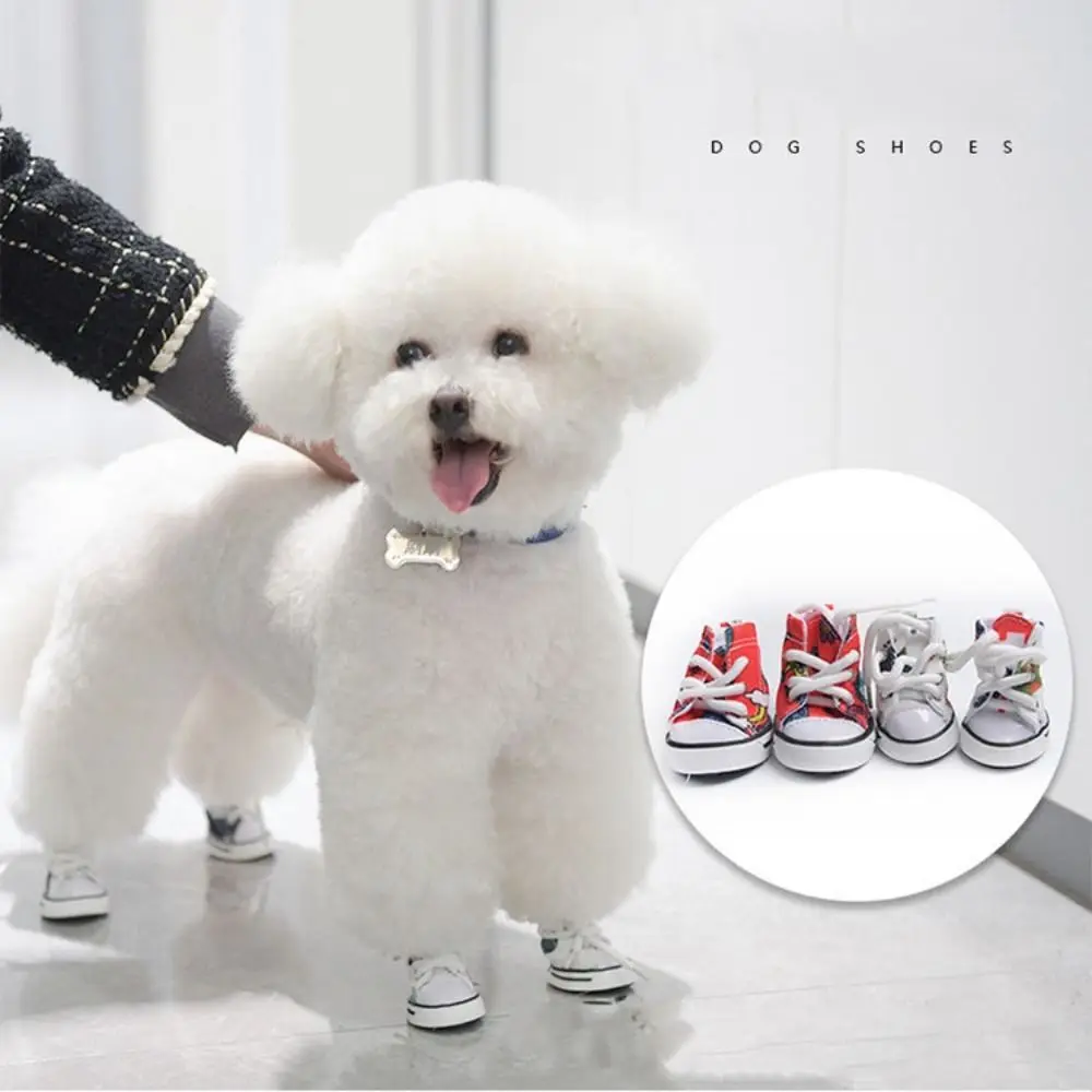 4Pcs Wear-resistant Dog Canvas Shoes Non-slip Fashion Pet Denim Boots Casual Footwear Puppy Sport Sneaker For Small Dogs Cats