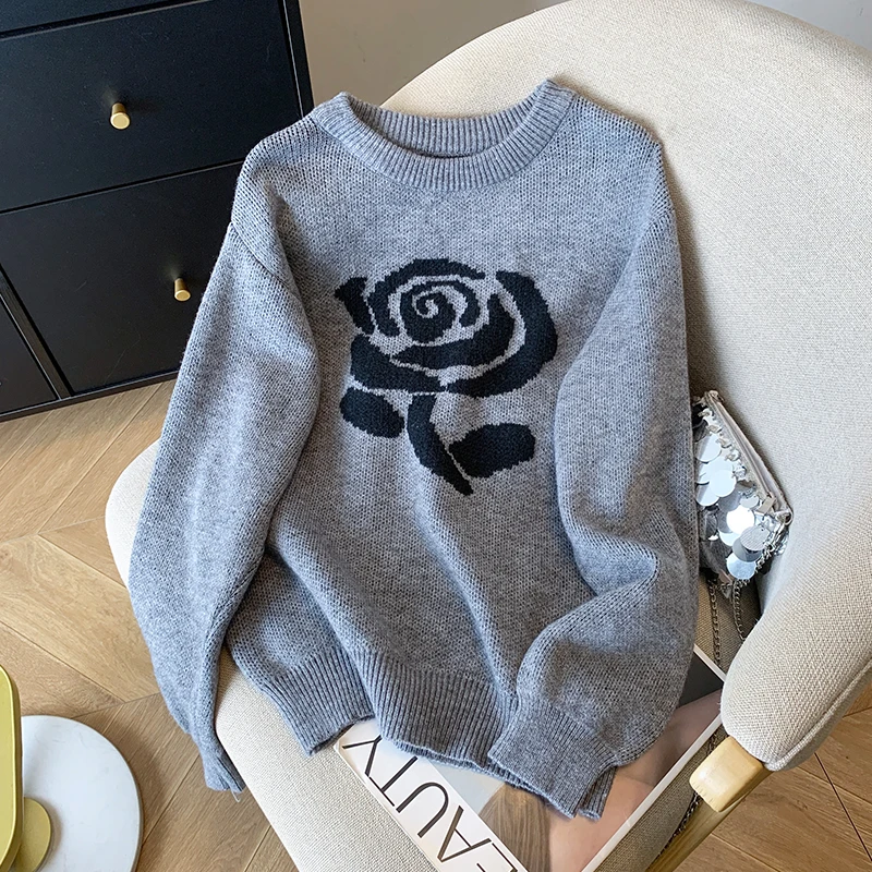 Women Grey Rose Pattern Knit Pullover O-Neck Long Sleeve Sweater Harajuku Vintage Y2k Ladies Cashmere Sweater 2000s Clothes 2025