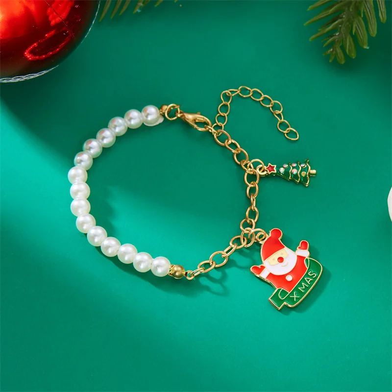 Cute Christmas Snowflake Santa Pendant Pearl Bracelet for Women's Beads Chain Bangle Jewelry Xmas Snowman New Year Enamel Gifts