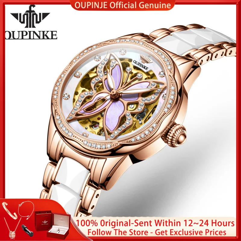OUPINKE 3239 Women Watch Luxury Elegant Diamond Butterfly Hollow Women Automatic Mechanical Watch Ceramic Exquisite Gift Watch