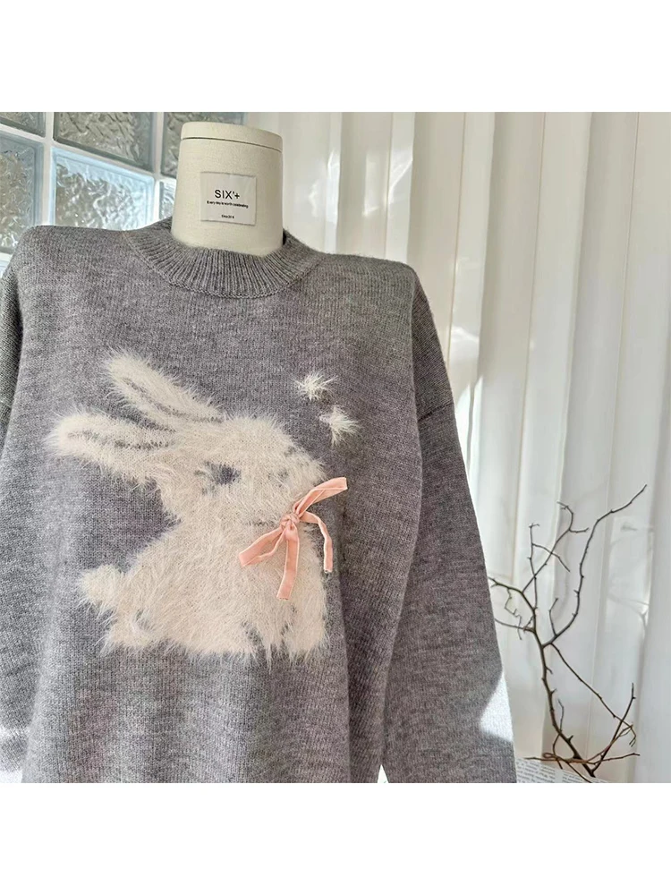 Preppy Style Sweet Sweater Women O-Neck Oversized Cartoon Rabbit Knitted Pullover Bow Korean Fashion Casual Jumper Autumn Winter