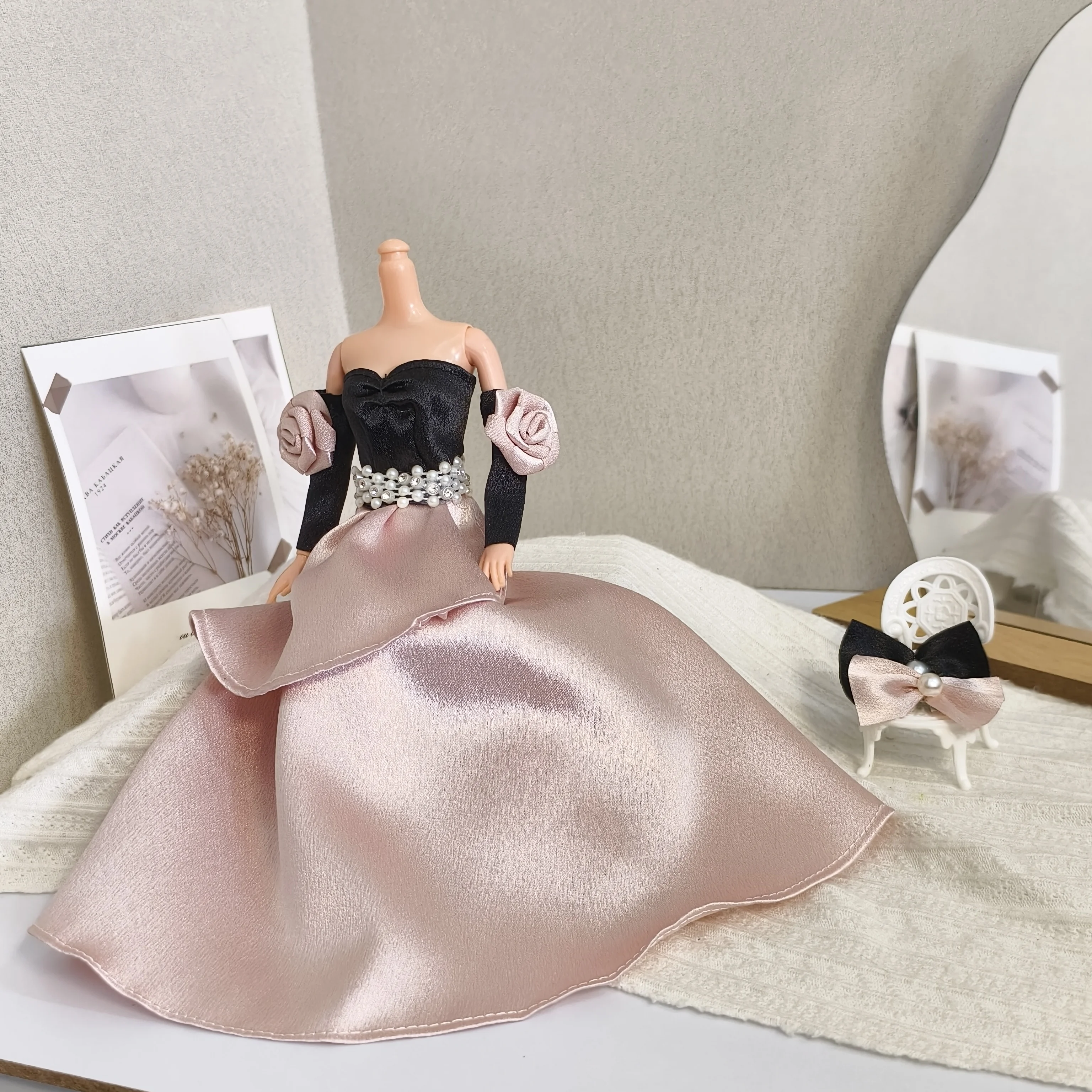 Luxury Elegant French Satin Rose Pearl Dress Sweet Bow Evening Gowns 30cm Doll Clothes Accessories  For 1/6 Babi Supermodel Doll