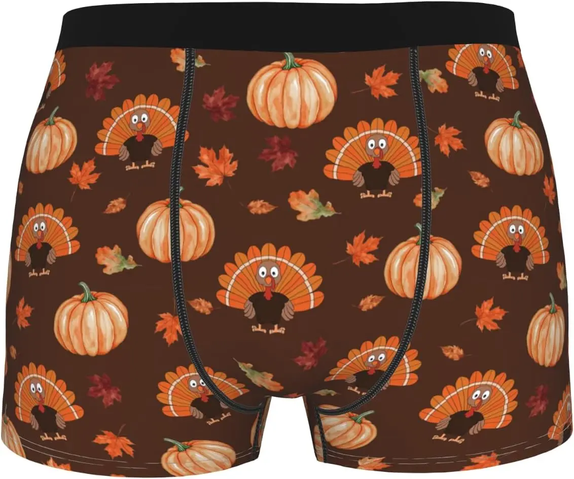 Thanksgiving Mens Boxer Briefs Turkey Pumpkin Maple Leaf Print Soft Breathable Elastic Waist Underwear Holiday Male Underpants