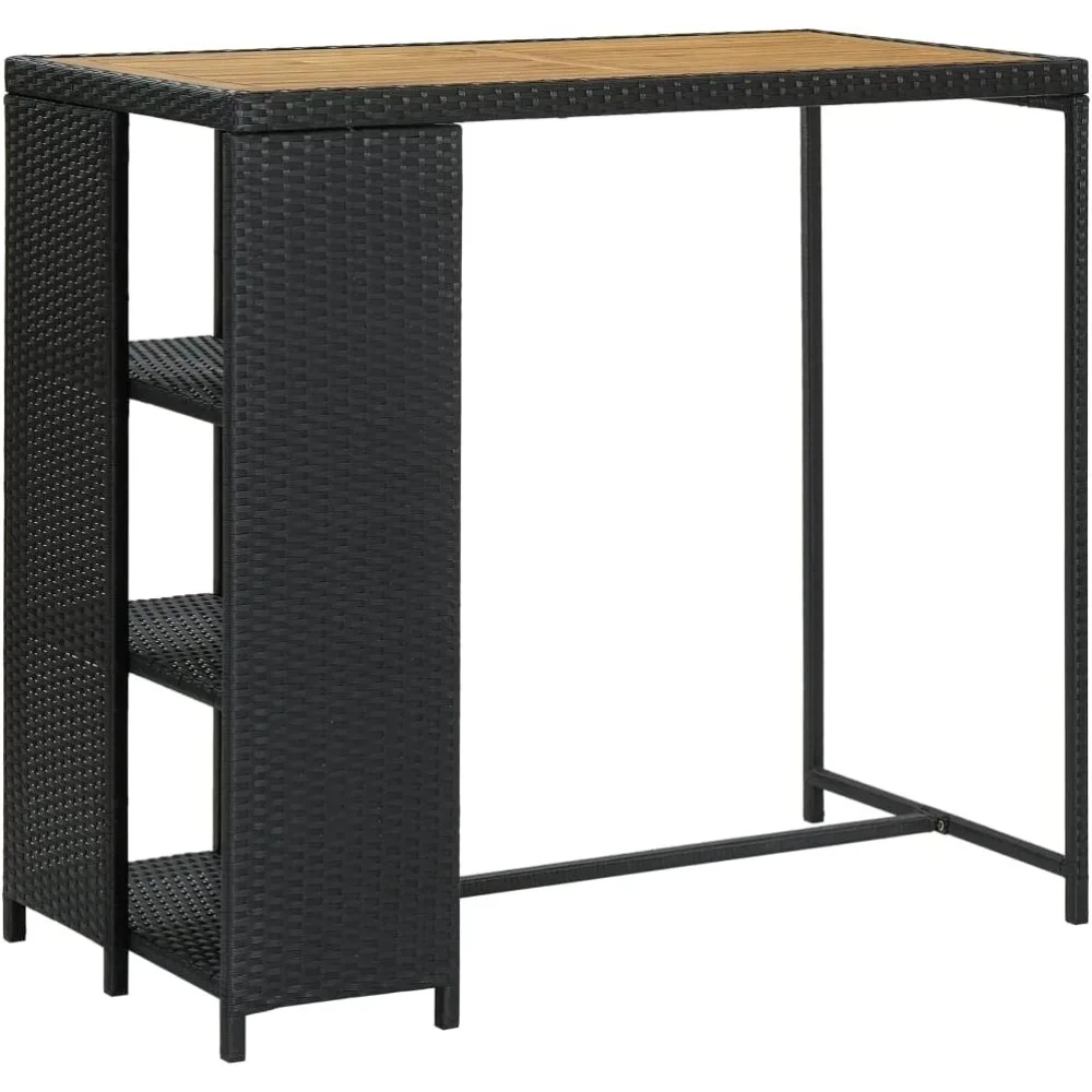 

Modern Bar Table with Side Storage Rack - PE Rattan and Steel Frame - Solid Acacia Wood Tabletop - Ideal for Home, Garden, Rest