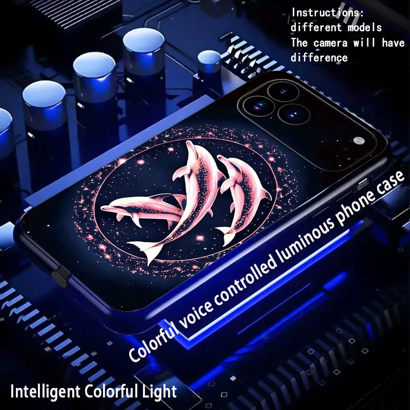 Dolphin Fish LED Illuminated Phone Case For iPhone 17 16 15 13 14 Plus 12 15 Pro Max X XR Voice Control Light Up Phone Funda