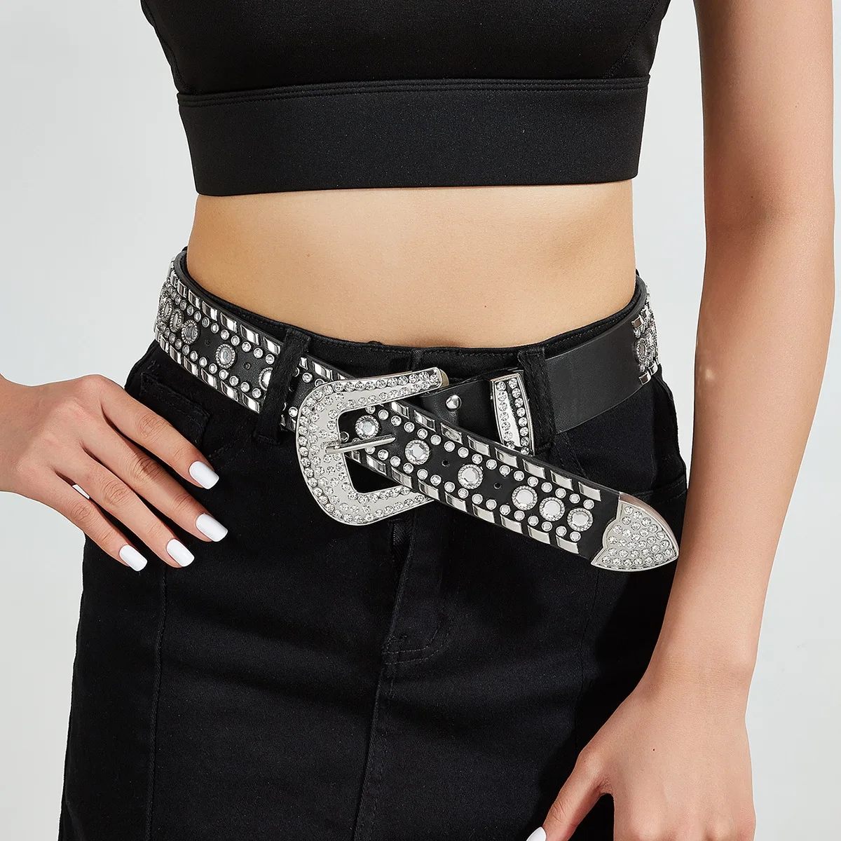Y2K New Arrival Women Rhinestone Belt European American Punk Rivet Hip Hop Locomotive Waist Belt