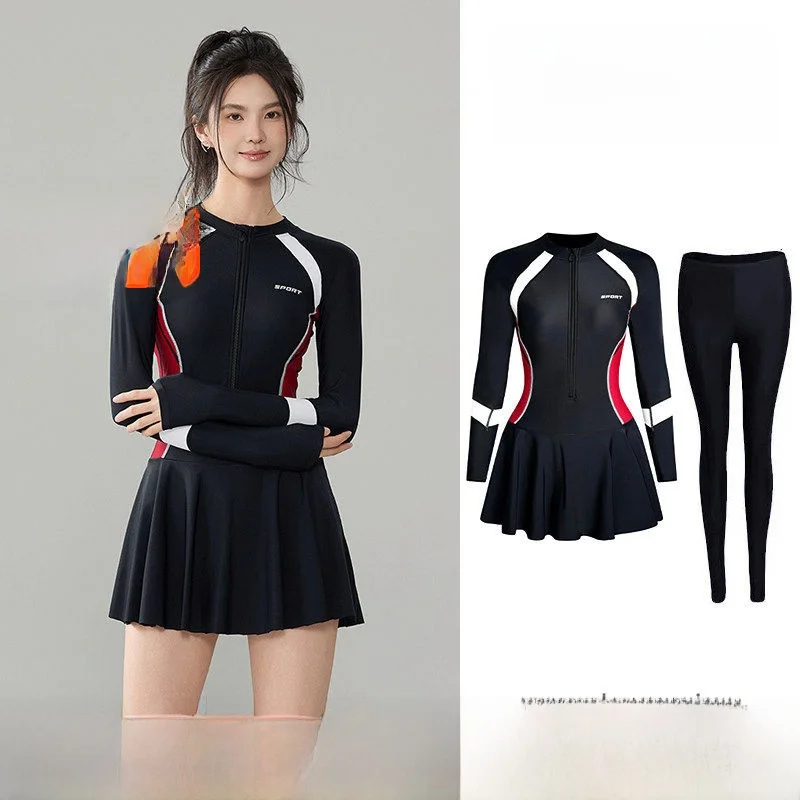 

Women's Wetsuit Long Sleeve Thermal Spring Swimming Costume One-Piece Skirt Style plus Size Slimming Belly Covering Swimwear