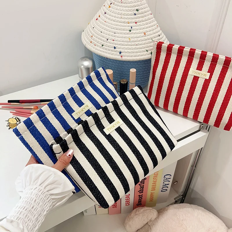 New Striped Makeup Bag for Women, Portable Travel Toiletry Pouch, Multi-Functional Storage for Skincare Sanitary Pads & Coins