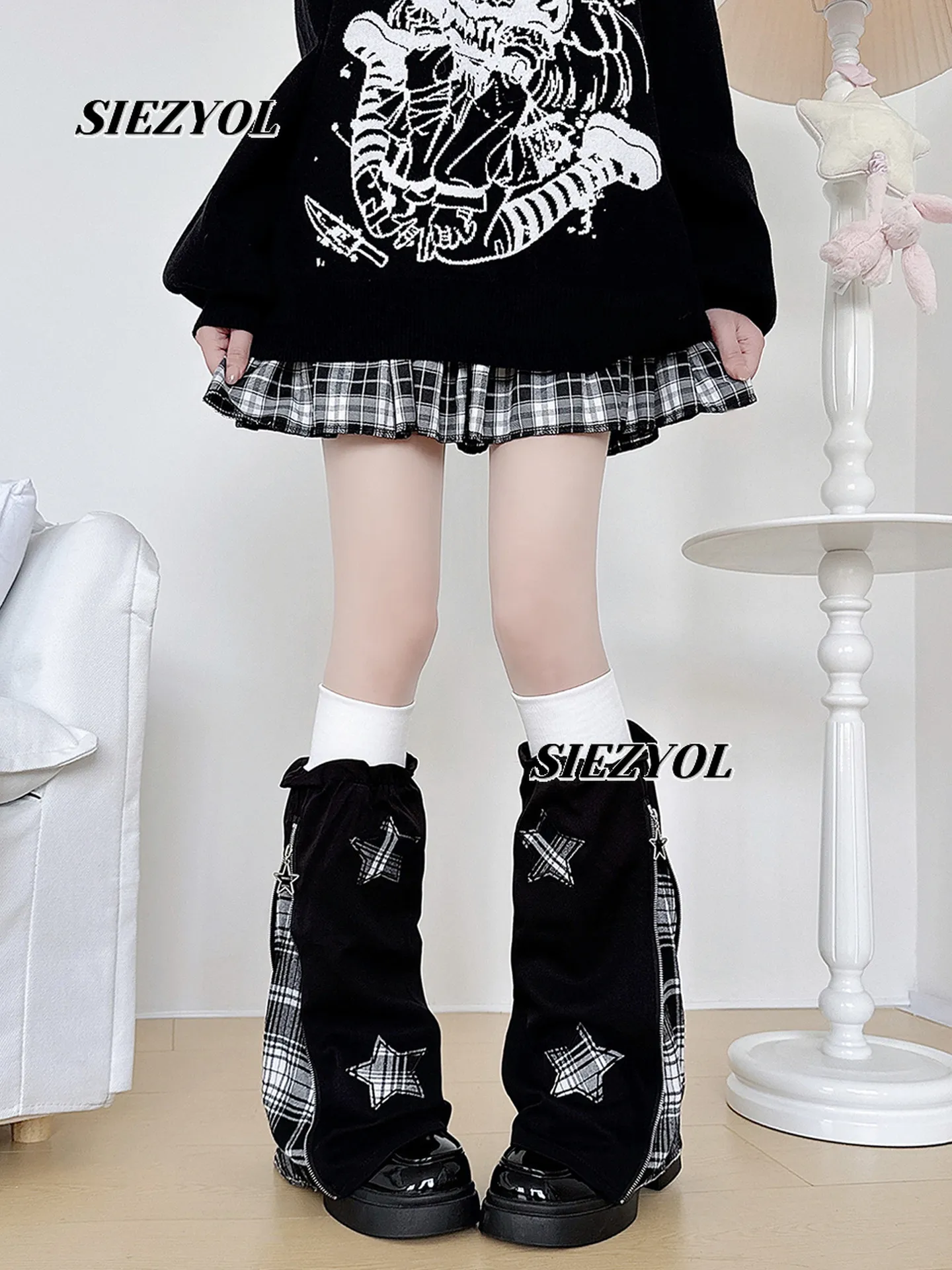 Homemade Plaid Subculture Splicing Leg Warmer Y2k Niche Autumn and Winter Babes Socks Women's Sweet Cute Wild Leg Cover