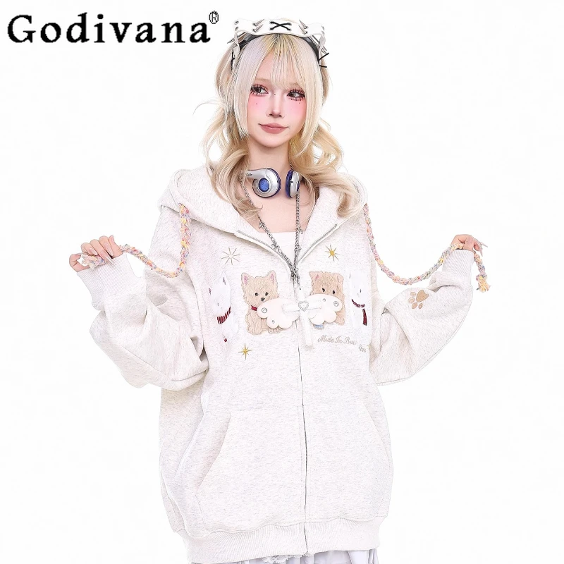 اليابانية الحلو مقنعين البلوز للنساء الخريف الشتاء أفخم جرو عارضة هوديس الإناث ضئيلة فضفاضة سستة بلوزات