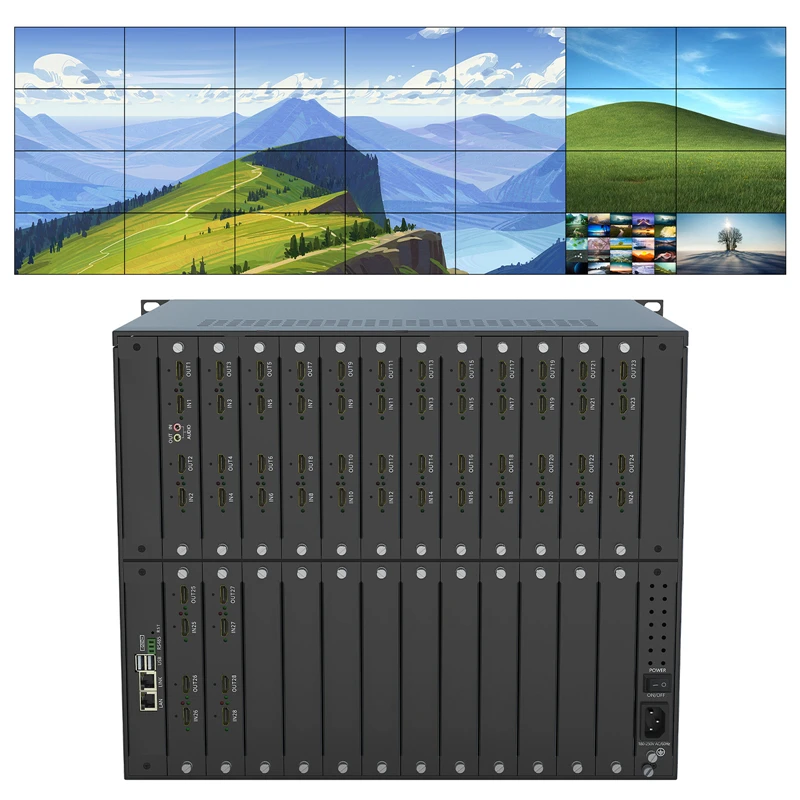 28x28 4K matrix switcher with network graphical user interface, 4x7 5x5 video mosaic processor, windowing, zooming, stretching