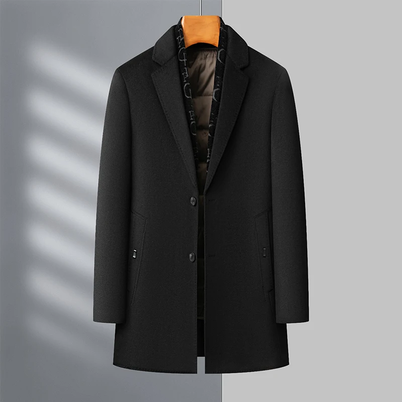 New men's style in 2025:70% wool double-sided tweed suit collar overcoat, 85% white duck down scarf collar waistcoat inner liner