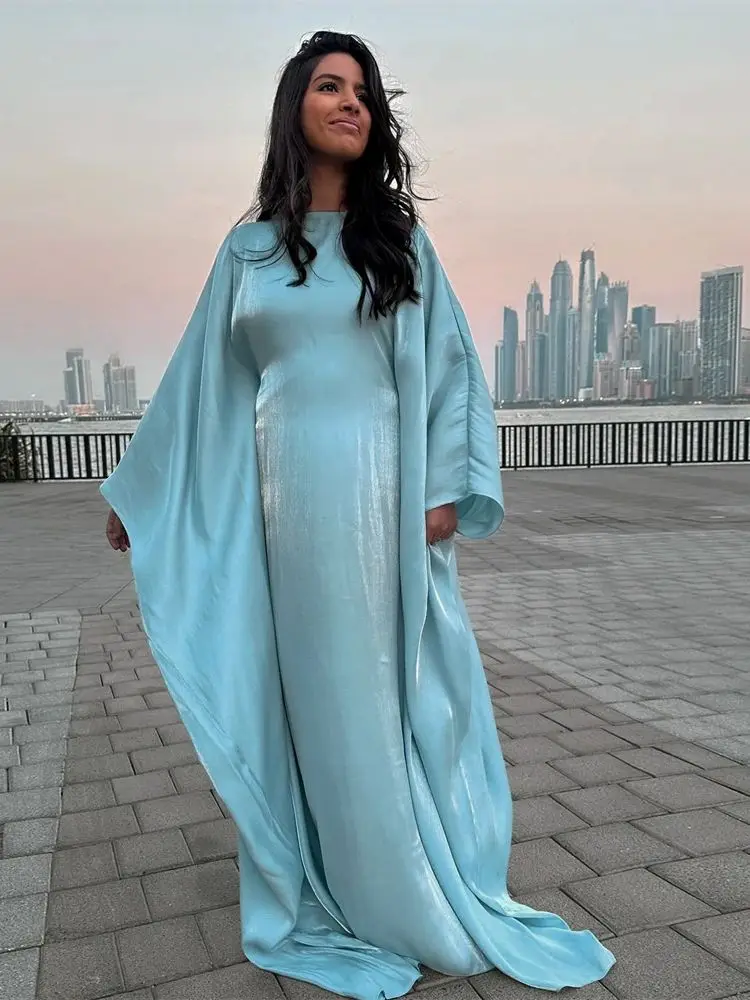 Ramazan yaz Batwing kollu saten kelebek Abaya Islam islami maksi elbise Kebaya kadın Kaftan Robe Musulmane Femme Vestidos