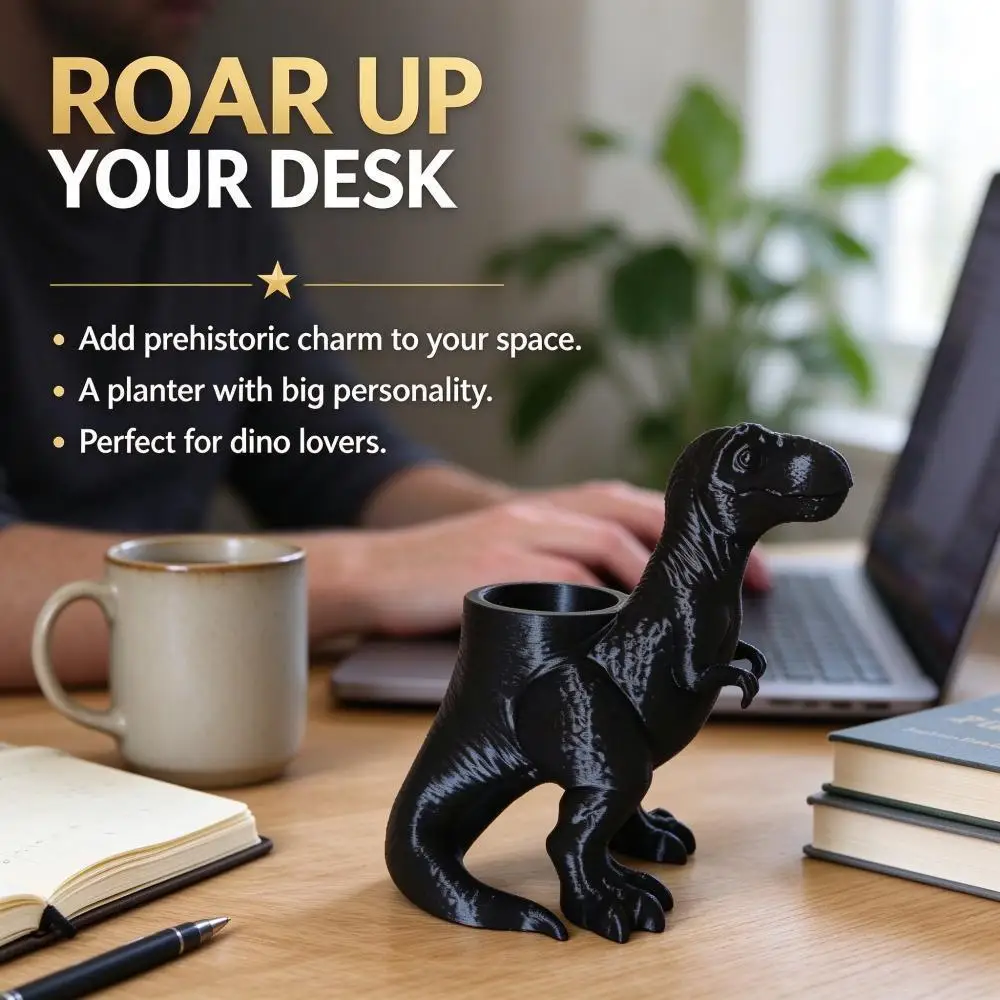 3D Printed Black T-Rex Small Planter Pot Creative Dinosaur Shaped Succulent Pot Desktop Ornament for Home Office