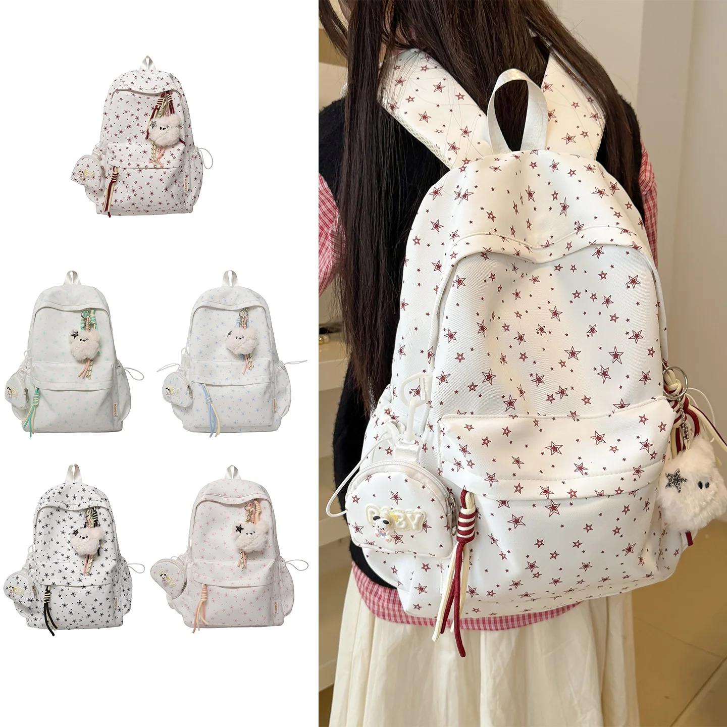 Compact nylon cloth cute student schoolbag with five-point star print, large capacity, water-resistant, women's travel backpack