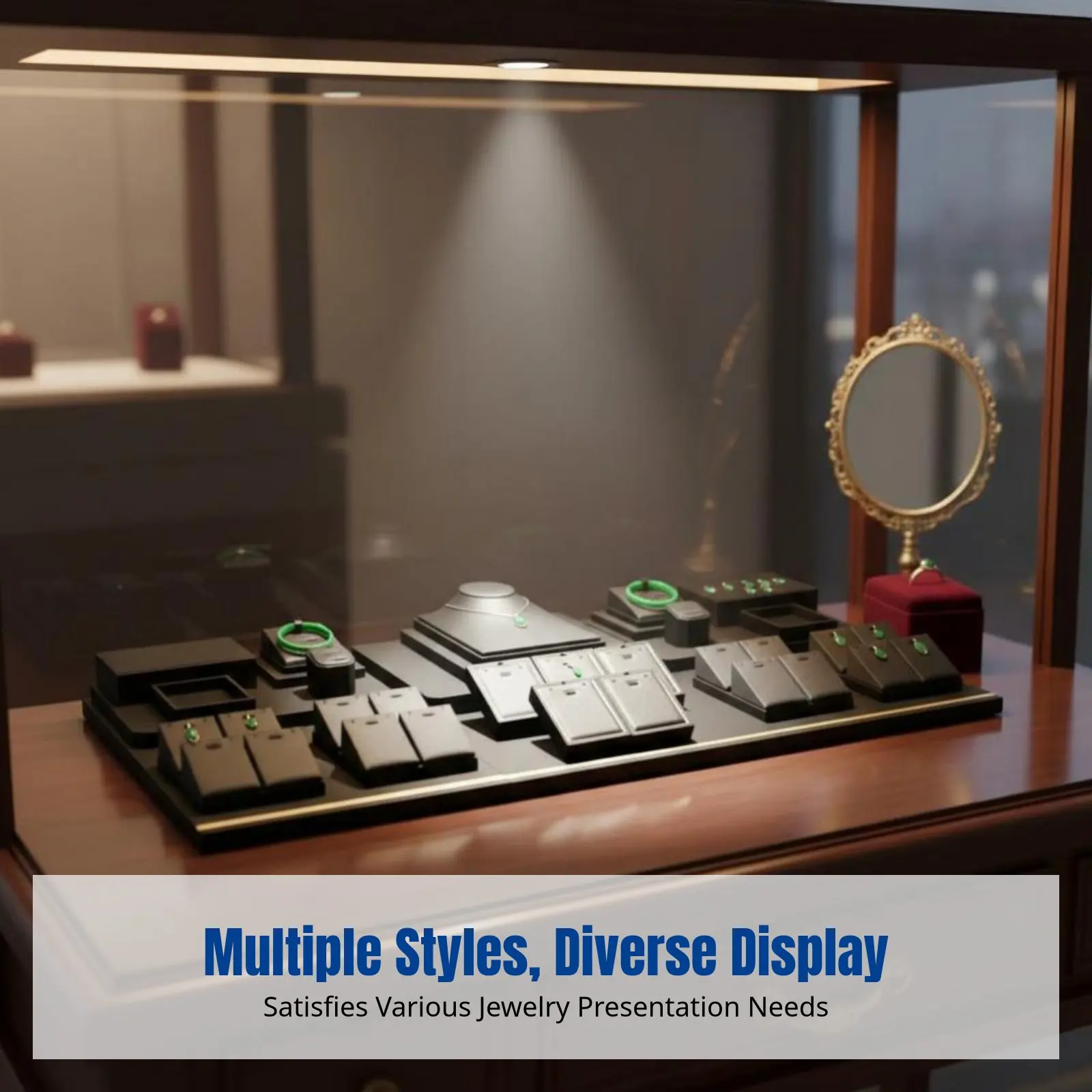 

Thai Silk Jewelry Display Stand, Black suede, multi-shape holder for necklaces, rings, bracelets, crystals, ornamental stones