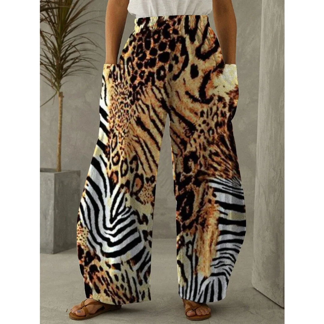 Summer Women's Pants With Leopard Print Double Pockets, Casual Elastic Waistband Pants, Loose And Fashionable On The Street