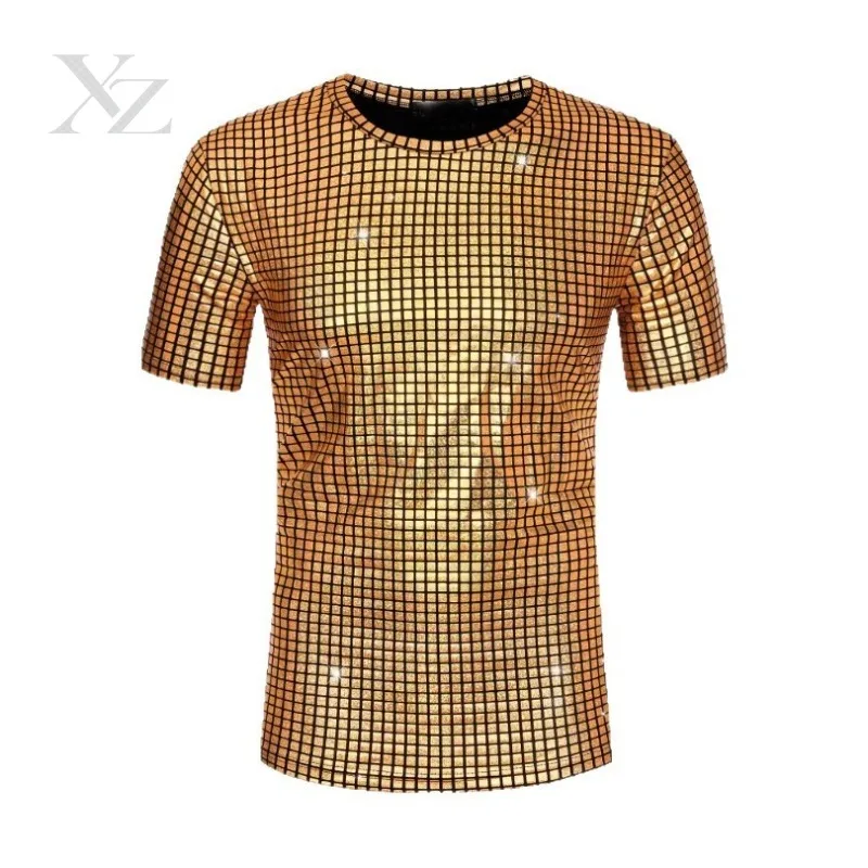 Opening Sale |Men's Gold Sequin Disco T-shirt Slim Fit Short Sleeve Crew Neck Clubwear For Party