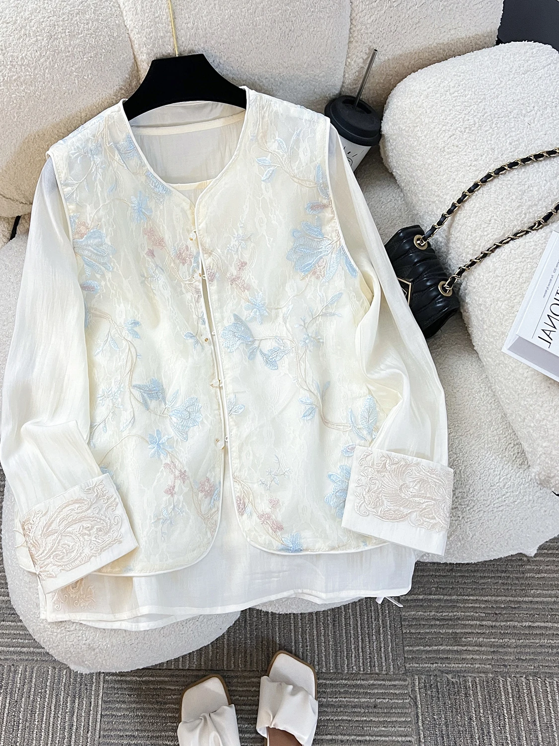 New Chinese Style Embroidered Organza Vest Top round Neck Sleeveless Ageless Women's Clothing Improved Tang Suit National Style