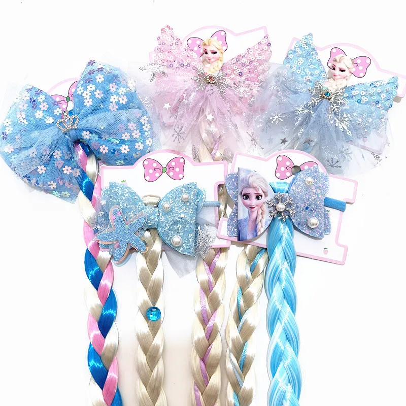 Disney Elsa Hair Bow Kids Rainbow Hair Tie Princess Accessories Toddler Snowflake Elastics Baby Accessories Hair Bands Braid
