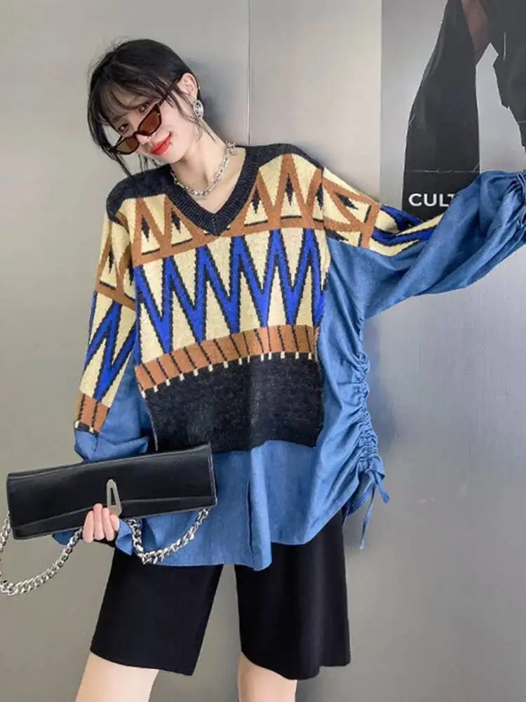 

Big Pattern Denim Size Knitting Sweater Round Neck Long Sleeve Women Pullovers New Fashion Spring Autumn 2026 1IJE
